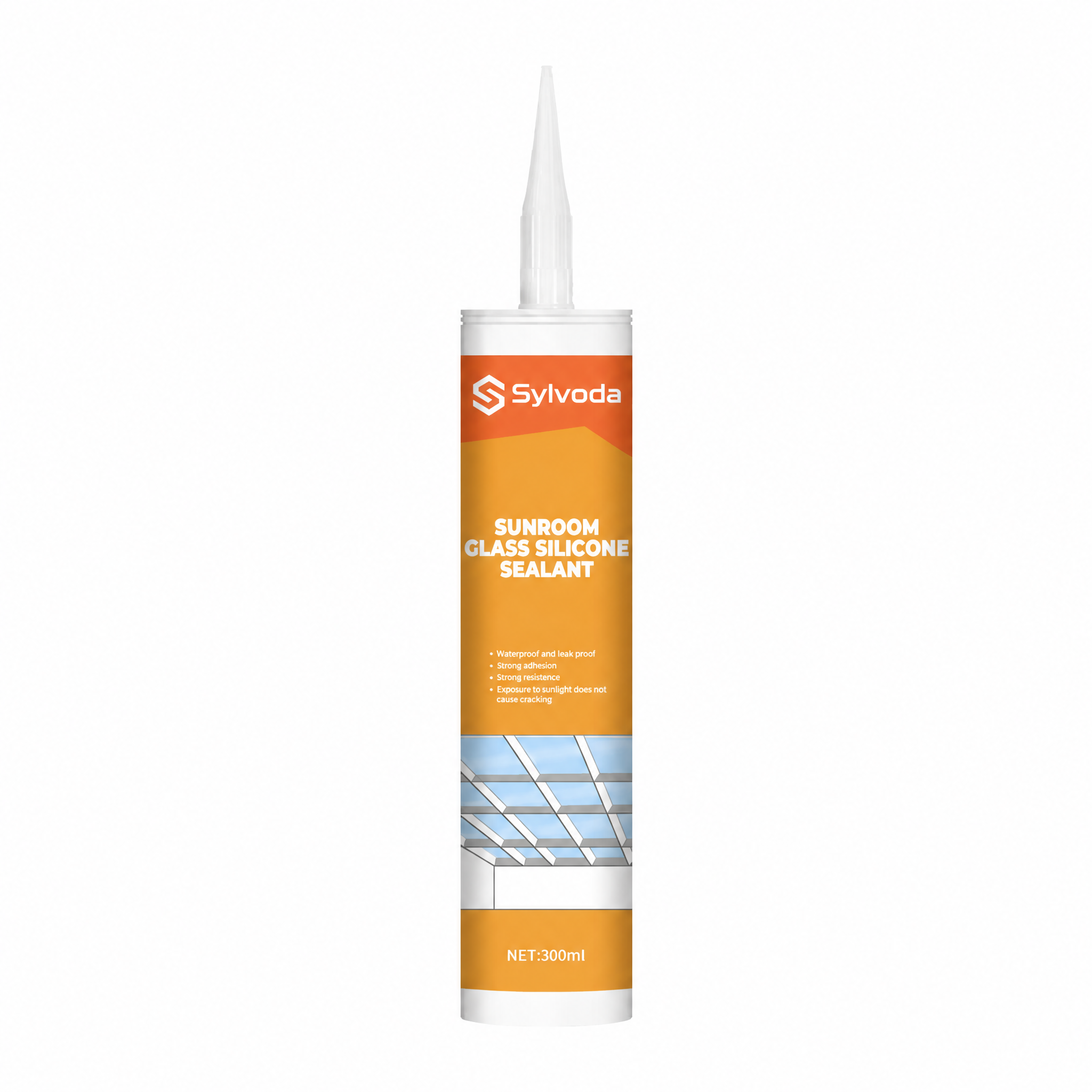 Sylvoda sunroom glass silicone sealant in orange cartridge with glass roof graphic