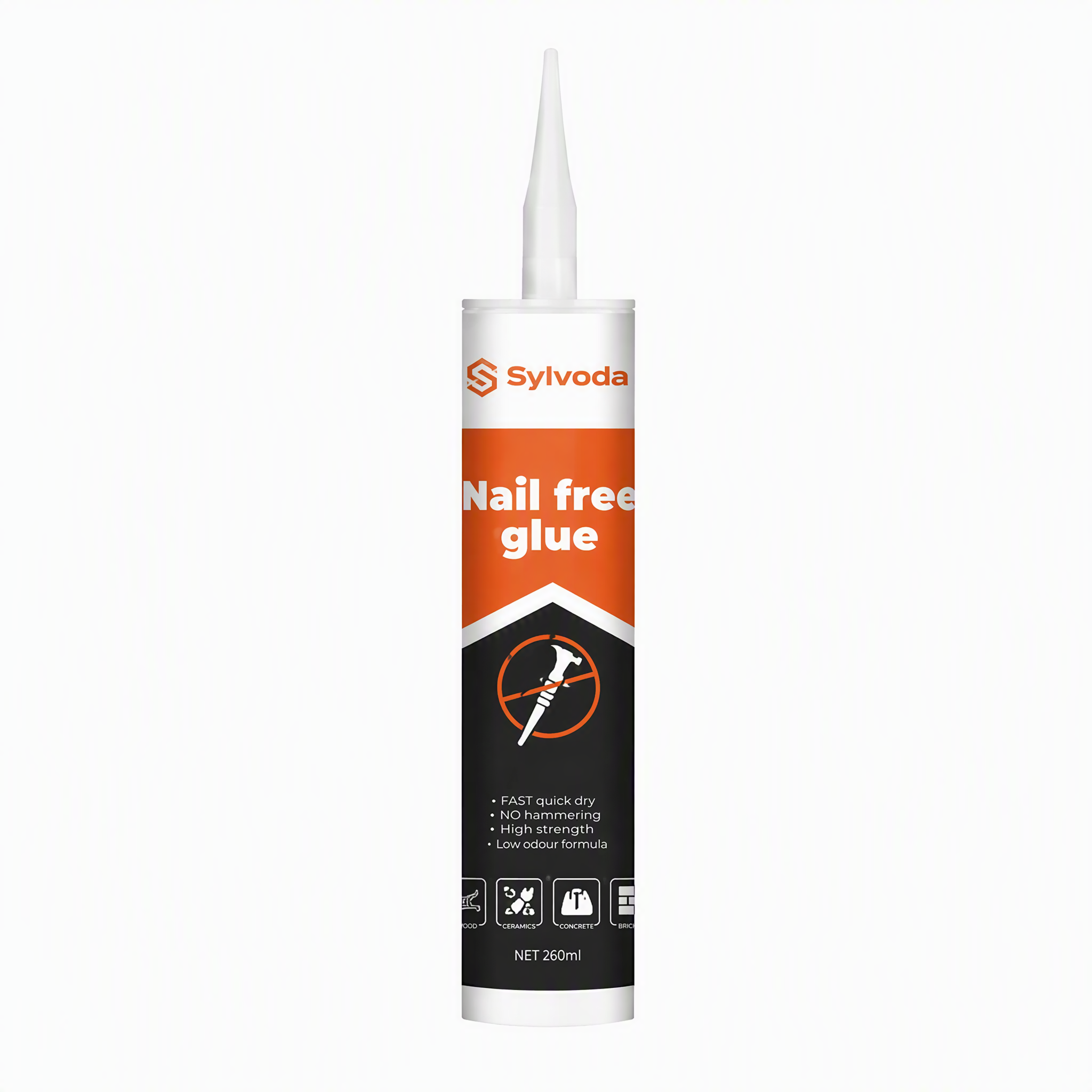 SYLVODA Nail Free Glue 260ml construction adhesive cartridge, orange and black label, on white background
