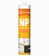 Sylvoda NP Neutral Silicone Sealant (SYD-953) in an orange and white tube, featuring a clear protective cap and application icons.