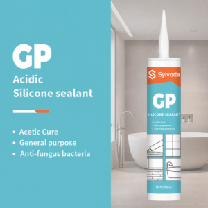 Sylvoda GP Acidic Silicone Sealant product image featuring its Acetic Cure, General purpose, and Anti-fungus bacteria properties, displayed in a modern bathroom setting.