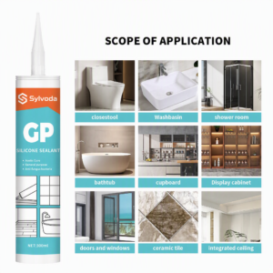 Sylvoda GP silicone sealant application scope showing uses for toilet, washbasin, bathtub, shower room, doors, windows, tiles, and cabinets.